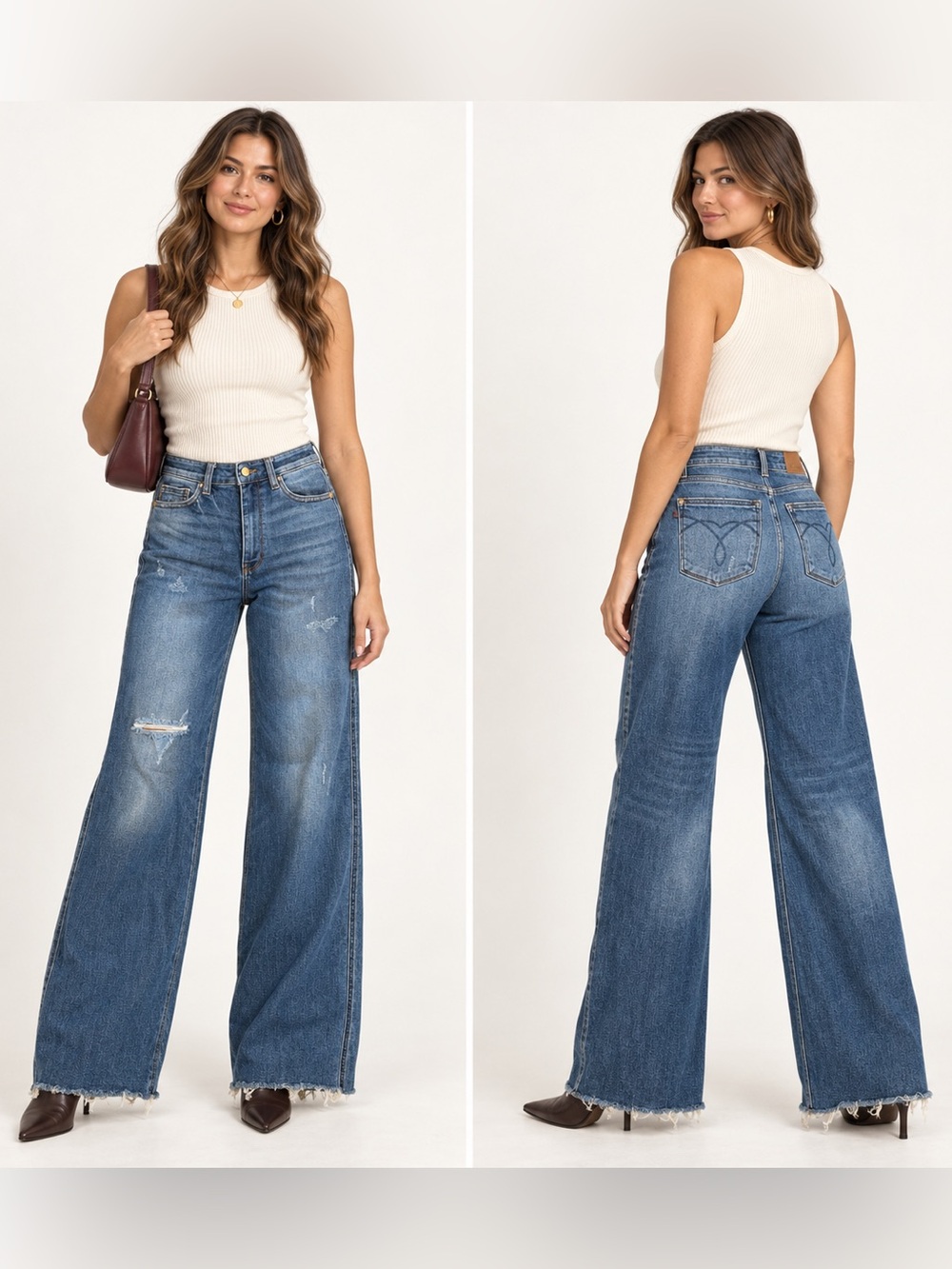 Judy Blue Retro Wide Leg Jeans 5/27 High Rise Distressed Raw Hem Medium Wash